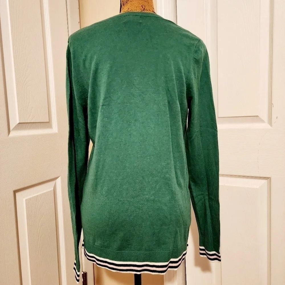 Old Navy Green Crewneck Sweater Varsity Striped Hems Women's Large L Spring EUC - Picture 3 of 7
